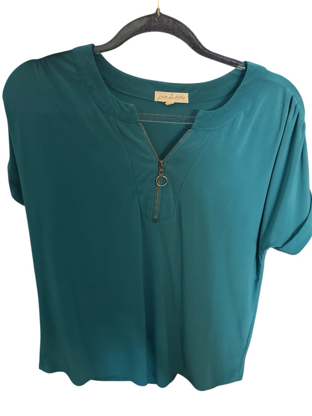 Teal Zip-Front Short Sleeve Top